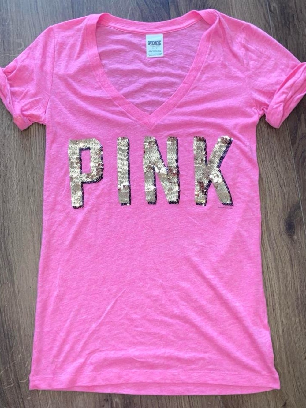PINK Victoria's Secret Hot Pink V-Neck Tee with Gold Sequin Logo